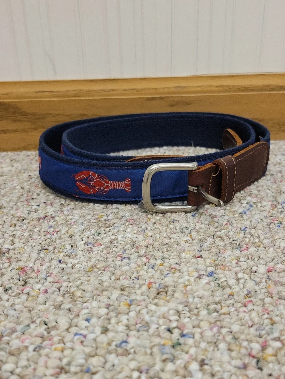 Preston Navy Lobster Canvas Belt with Brown Leather Trim Sz 42 Coastal Preppy